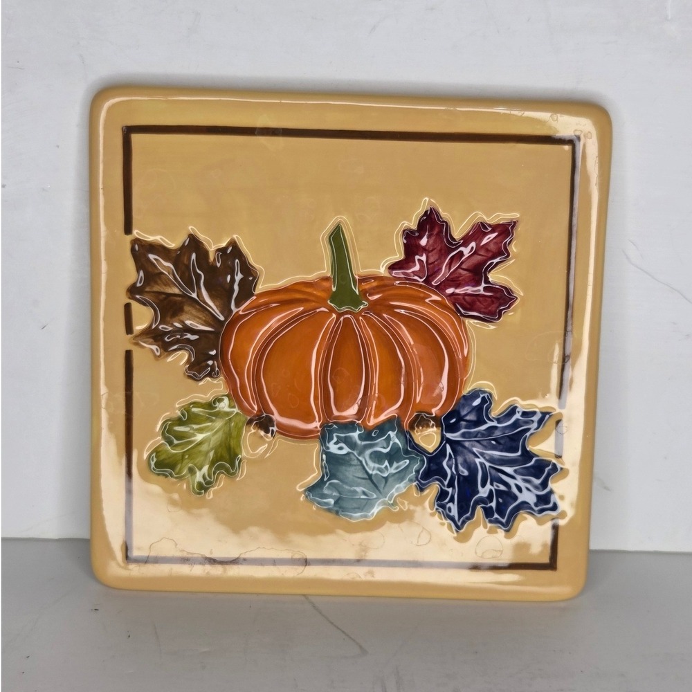 Harvest Ceramic Pumpkin Fall Colorful Leaves Trivet Wall Plaque Thanksgiving